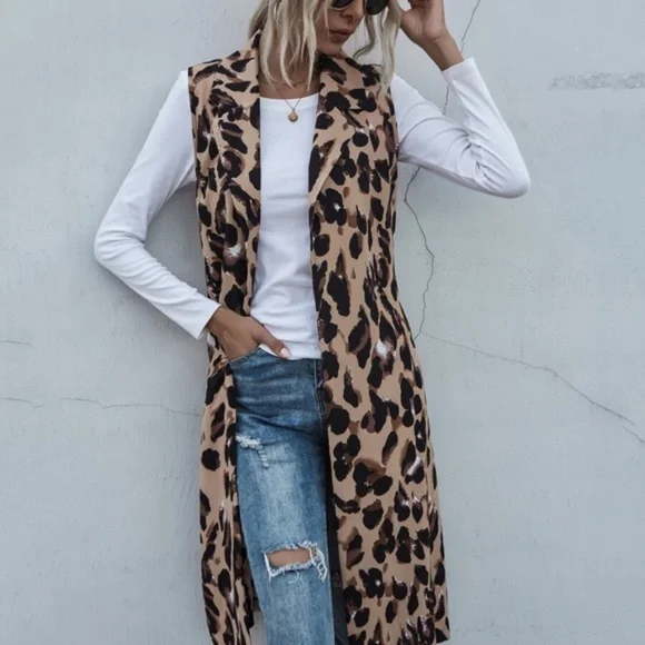 Tan Brown leopard Print Long Vest - Picture 6 of 6